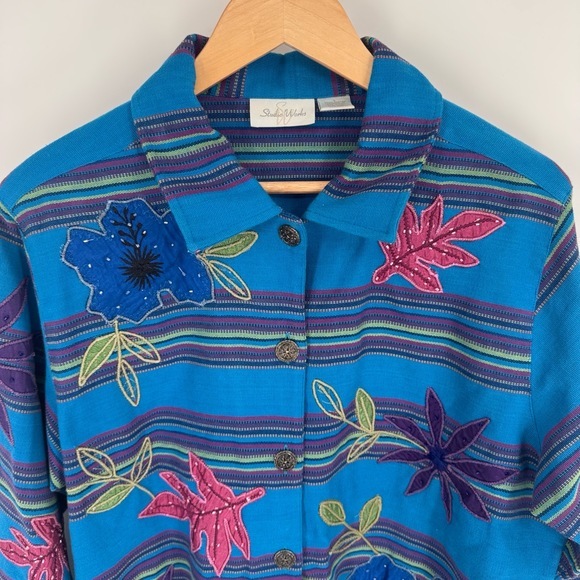 Vintage Blue Floral Jacket Womens L Purple Artsy Maximalist Indie Granny Leaf - Picture 3 of 9